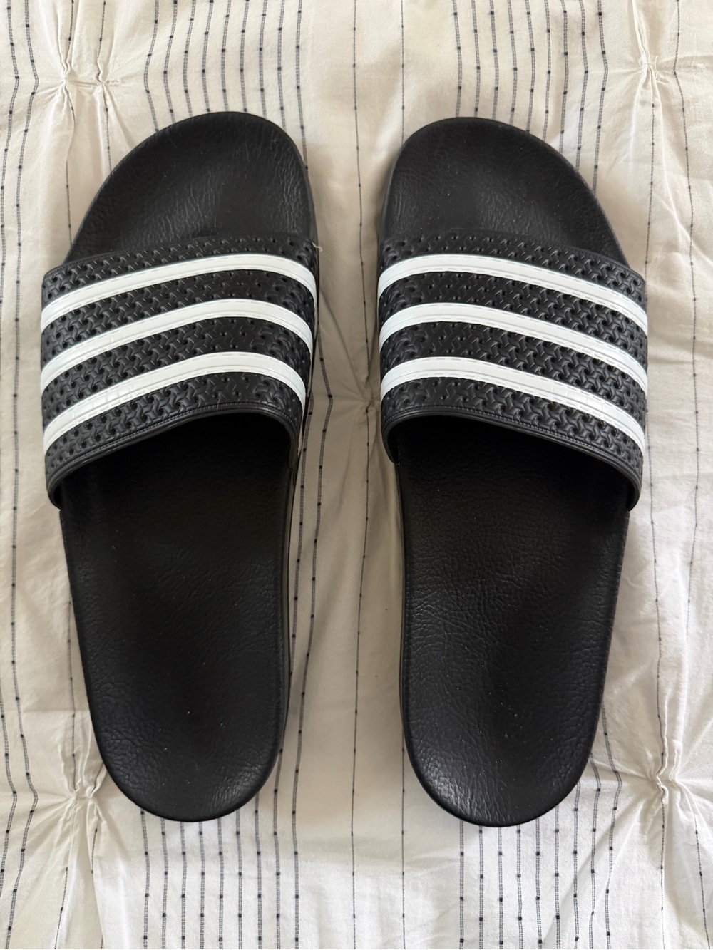 adidas Black Slides with White Stripes-size 12